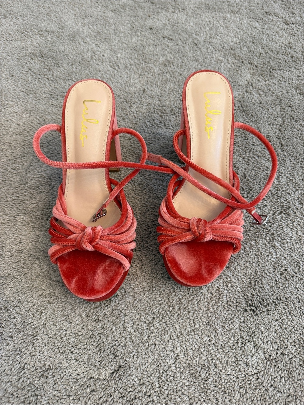 Lulu's Coral Velvet Knot Ankle-Tie Heels